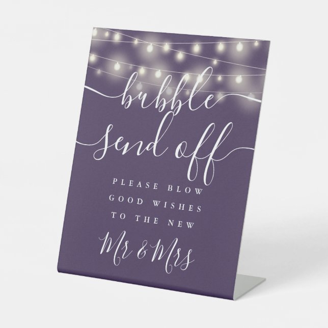Bubble Send Off String Lights Purple Pedestal Sign (Front)