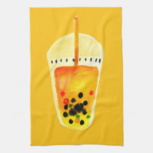Bubble tea boba watercolor art tea towel