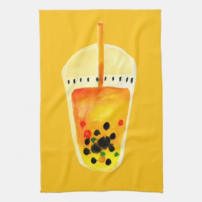 Bubble tea boba watercolor art tea towel (Vertical)