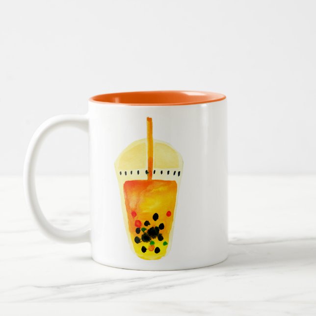 Bubble tea boba watercolor art Two-Tone coffee mug (Left)