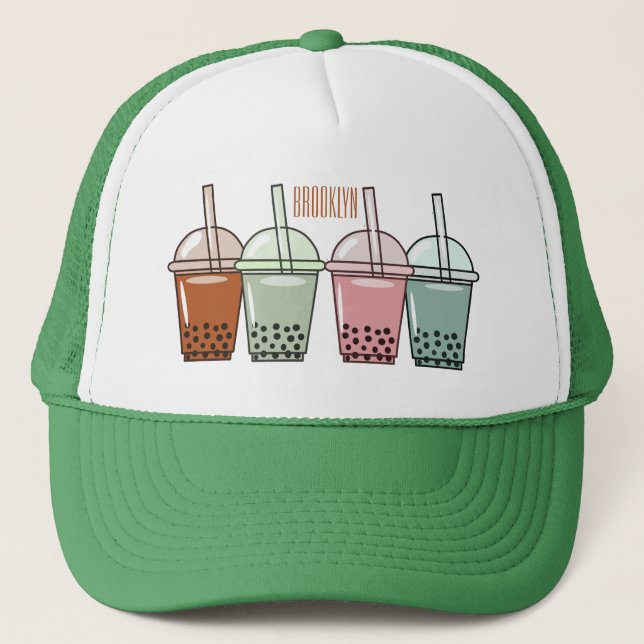 Bubble tea cartoon illustration trucker hat (Front)