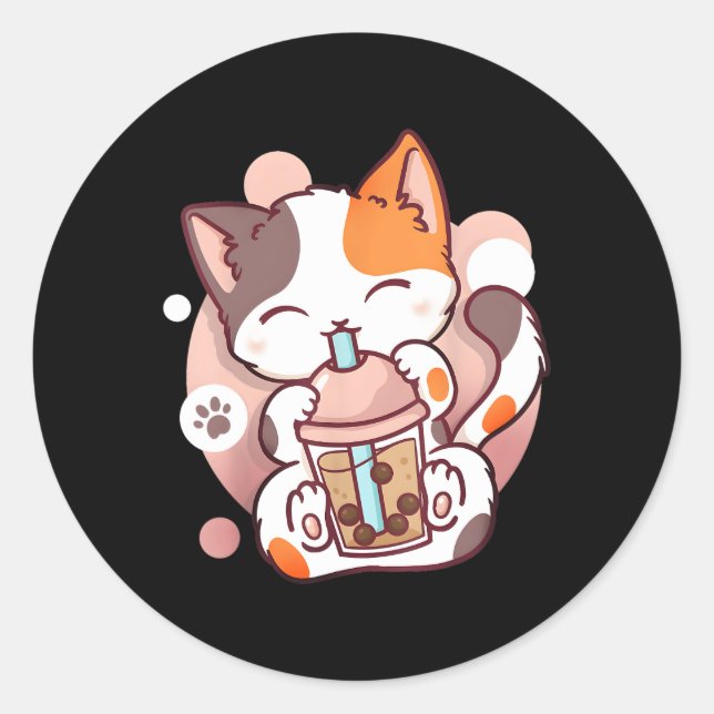 Bubble Tea Cat Boba Neko Anime Kawaii Japanese Classic Round Sticker (Front)