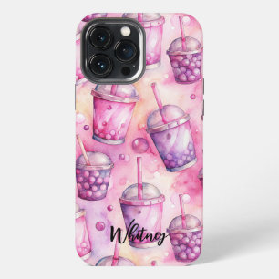 Bubble tea pink purple watercolor Name iPhone 13 Pro Max Case