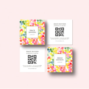 Bubble Tea Rainbow Pink Orange Green QR Code  Square Business Card