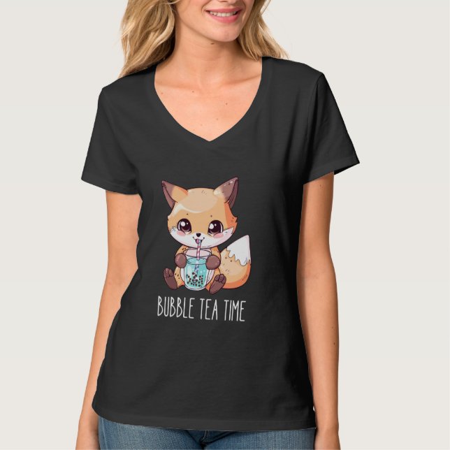 Bubble Tea Time - Cute Fox Drinking Boba Tea T-Shirt (Front)