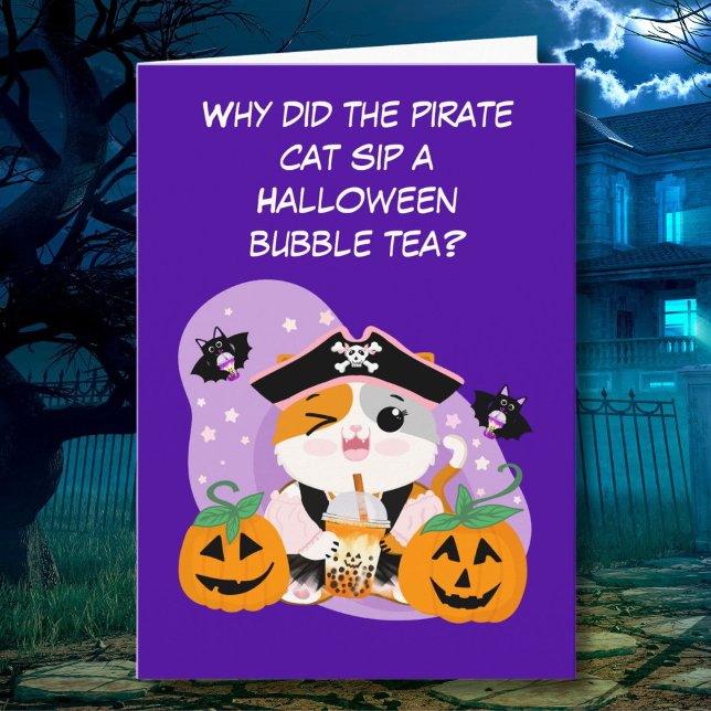 Bubble Tea with Pirate Kawaii Cat Halloween Fun Card (Creator Uploaded)