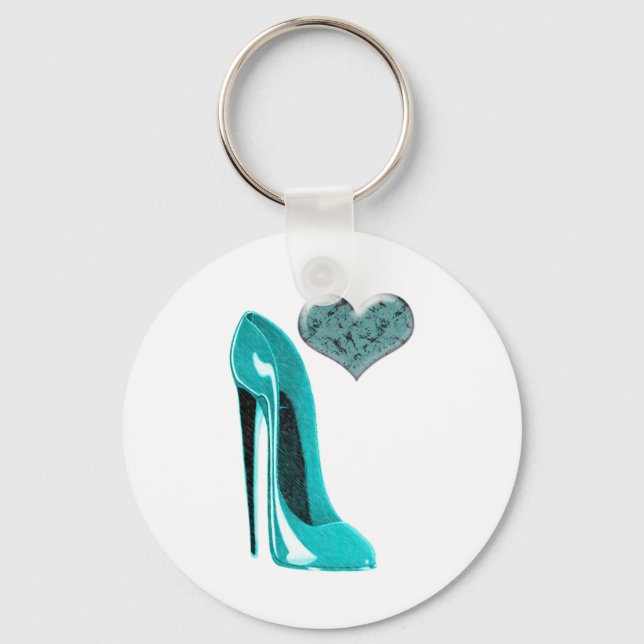 Bubblegum Blue Stiletto Shoe and 3D Heart Art Key Ring (Front)