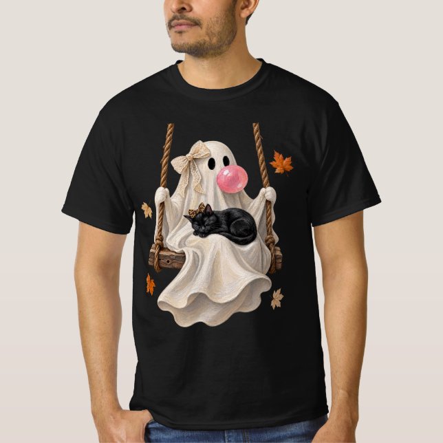Bubblegum Ghost & Black Cat Swing Halloween  T-Shirt (Front)
