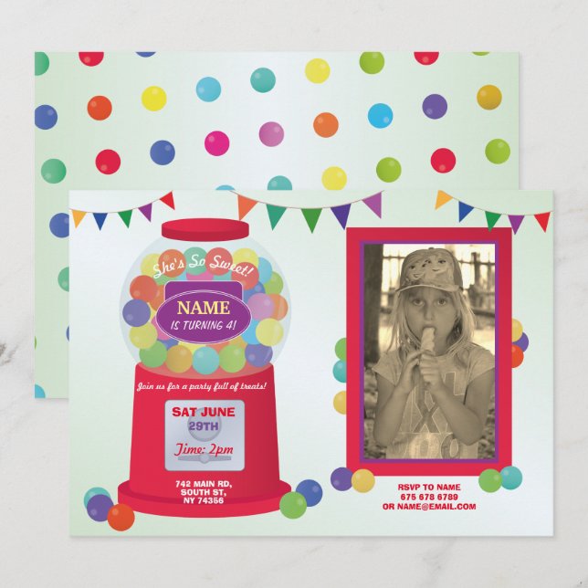 Bubblegum Machine Birthday Sweets Treats Photo Invitation (Front/Back)