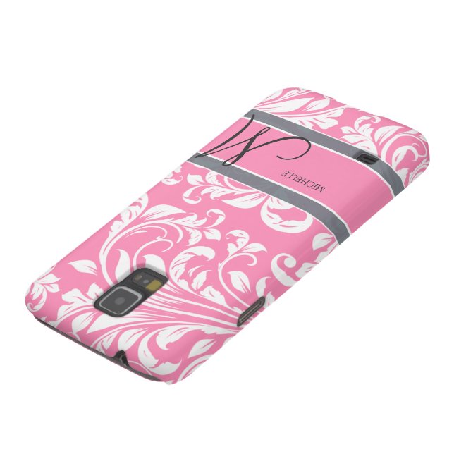 Bubblegum Pink and white floral damask w/ monogram Case-Mate Samsung Galaxy Case (Bottom)