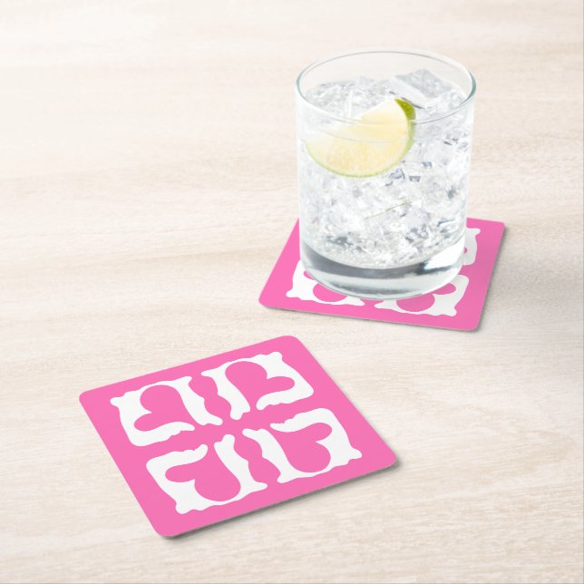 Bubblegum Pink and White Hearts Square Paper Coaster (Insitu)
