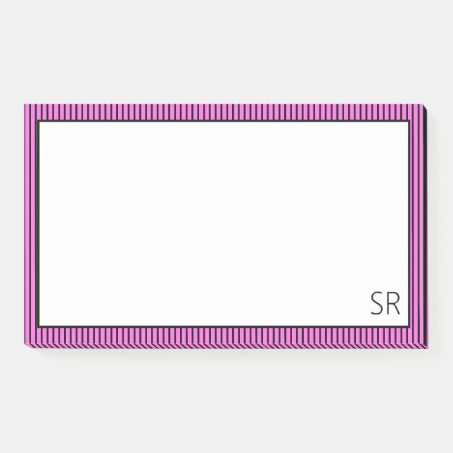 Bubblegum Pink Black Striped Border | Monogram  Post-it Notes (Front)
