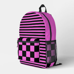 Bubblegum Pink Black Vintage Chequered and Striped Printed Backpack