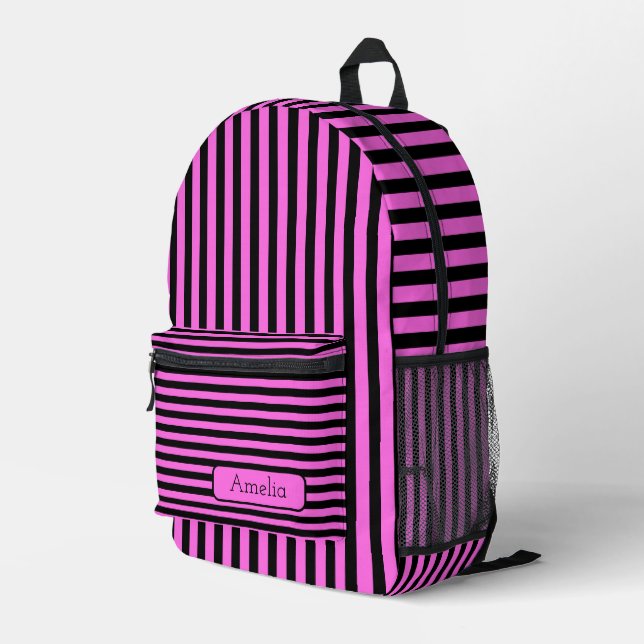 Bubblegum Pink Black Vintage Striped Name Printed Backpack (Back Corner Right)