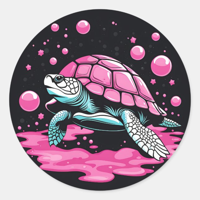 Bubblegum Pink Cute Turtle Classic Round Sticker (Front)