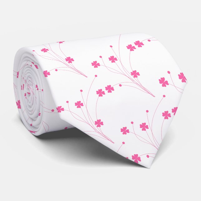 Bubblegum Pink Flowers, Small Floral Print Tie (Rolled)