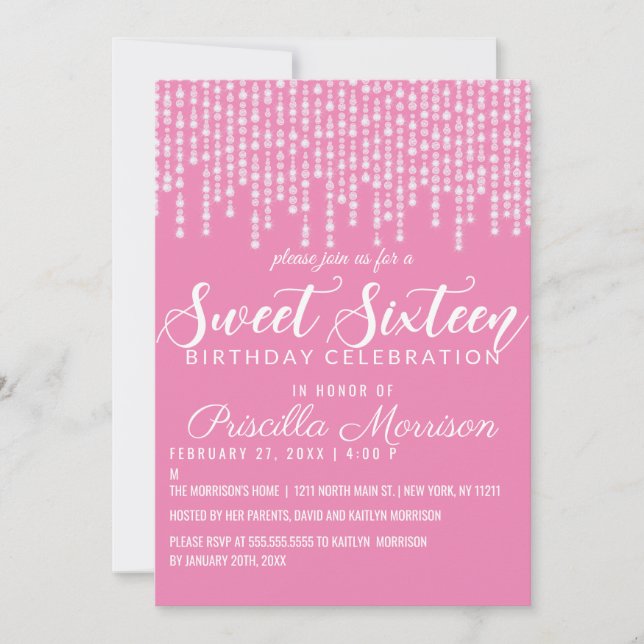 Bubblegum Pink Hanging Diamond Lights Sweet 16 Invitation (Front)