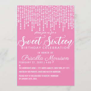 Bubblegum Pink Hanging Diamond Lights Sweet 16 Invitation
