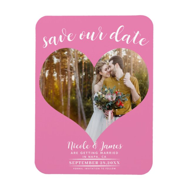Bubblegum Pink Heart Photo Wedding Save the Date Magnet (Vertical)