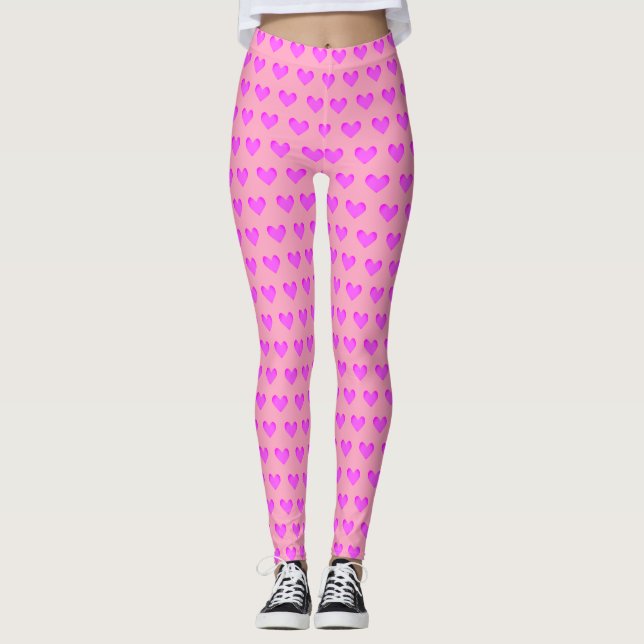 Bubblegum Pink Lilac Love Hearts Valentines Print Leggings (Front)