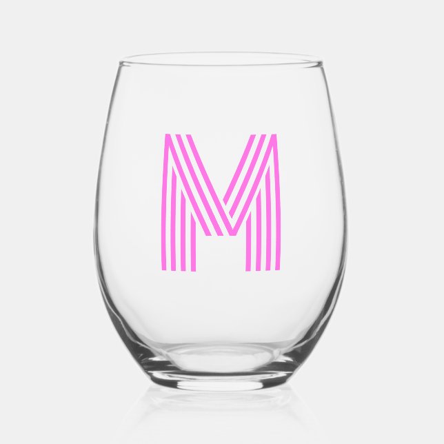 Bubblegum Pink Modern Monogram Initial Letter Stemless Wine Glass (Front)