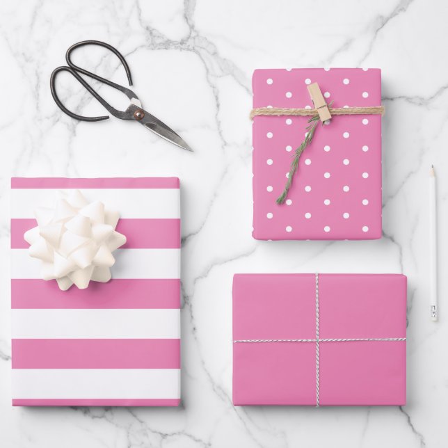 Bubblegum Pink Polka Dot Wide Striped and Solid Wrapping Paper Sheet (Front)