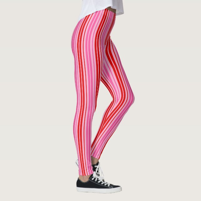 Bubblegum Pink Red Vertical Stripes Design   Leggings (Right)