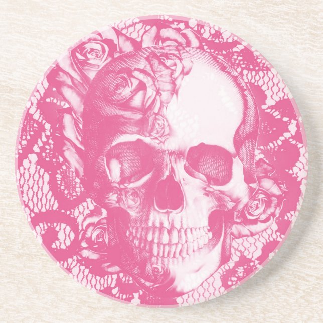 Bubblegum Pink rose skull on lace Coaster (Front)