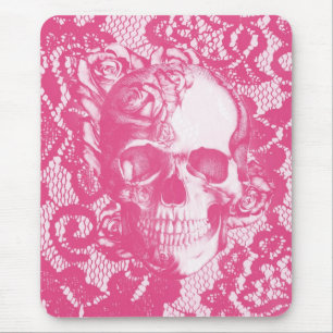 Bubblegum Pink rose skull on lace Mouse Mat