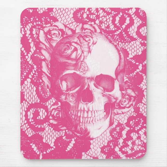 Bubblegum Pink rose skull on lace Mouse Mat (Front)