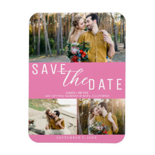 Bubblegum Pink Save the Date Wedding 3 Photos Magnet