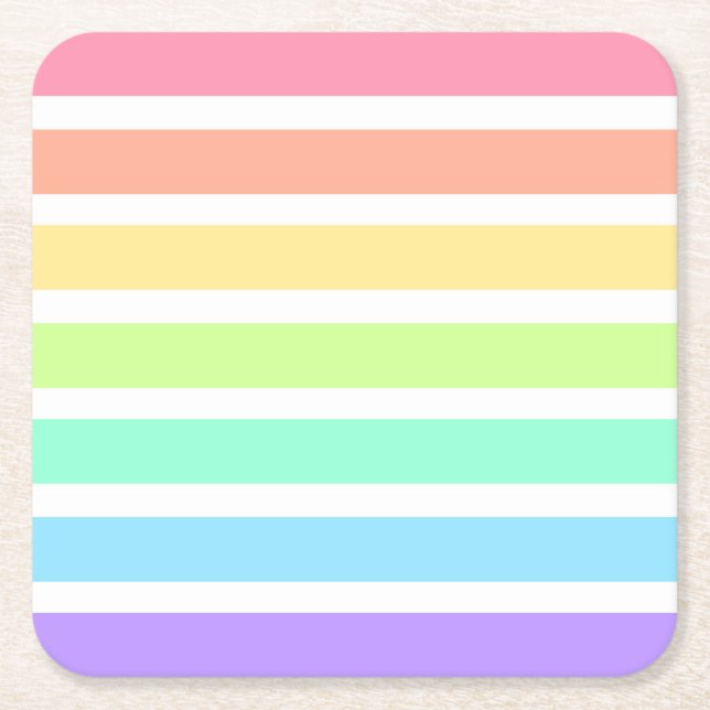 Bubblegum rainbow and white stripes square paper coaster (Front)