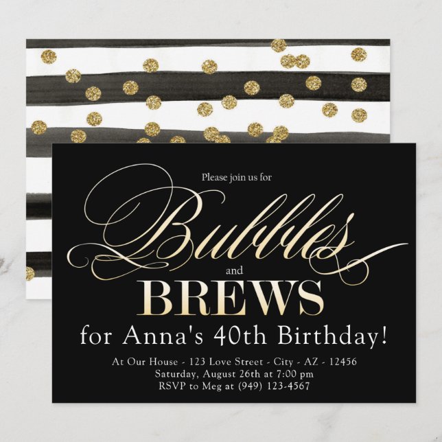 Bubbles and Brew Black and Gold Adult Birthday Invitation (Front/Back)