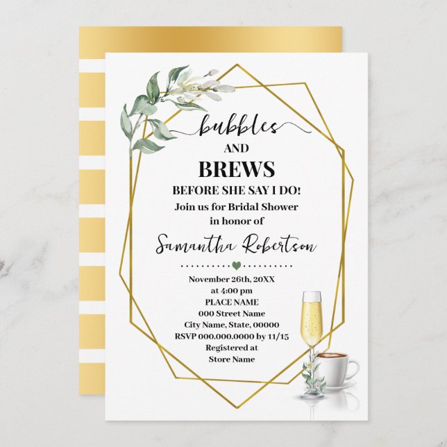 Bubbles and Brews Before I do Greenery Gold Invitation (Front/Back)