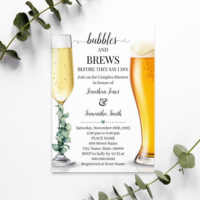 Bubbles and brews before I do shower greenery Invitation (Bubbles and Brews before I do Couples Shower Eucalyptus Invitation, Champagne and Beers Rehearsal)