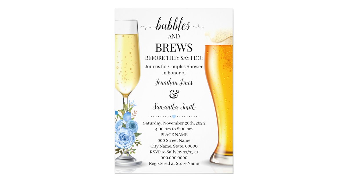Bubbles and brews before I do wedding shower blue Invitation Zazzle.co.uk