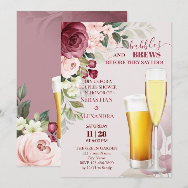 Bubbles and Brews Couples Shower Invitation (Front/Back)