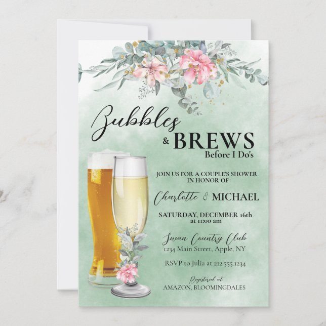 Bubbles and Brews Sage Green Shower Invitation (Front)