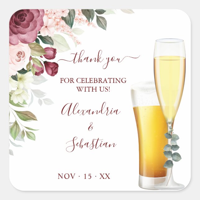 Bubbles and Brews Thank You Floral Wedding  Square Sticker (Front)