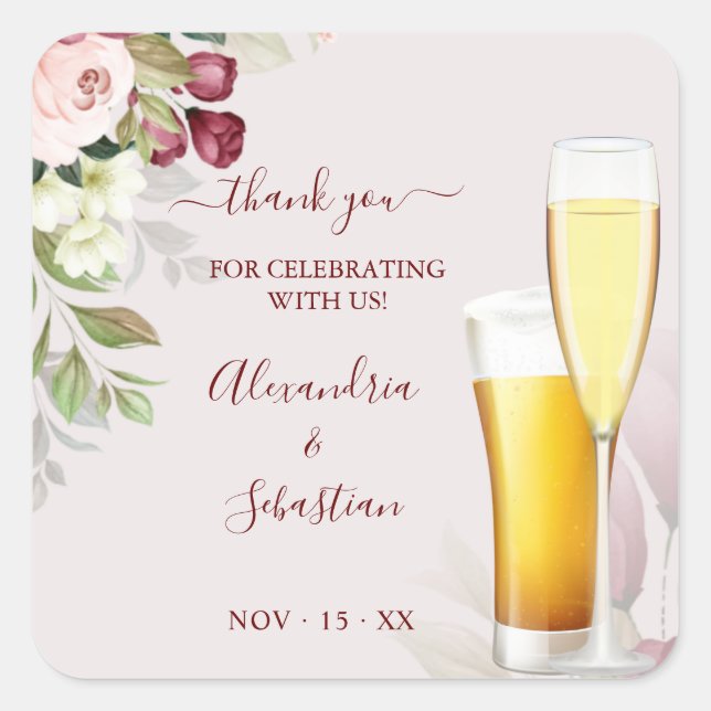 Bubbles and Brews Thank You Roses Wedding  Square  Square Sticker (Front)