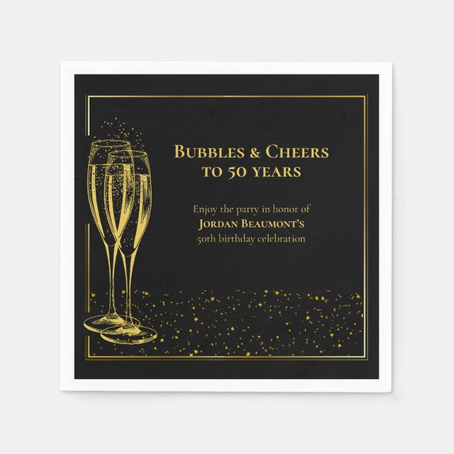 Bubbles and Cheers Black Gold 50th Birthday Party Napkin (Front)