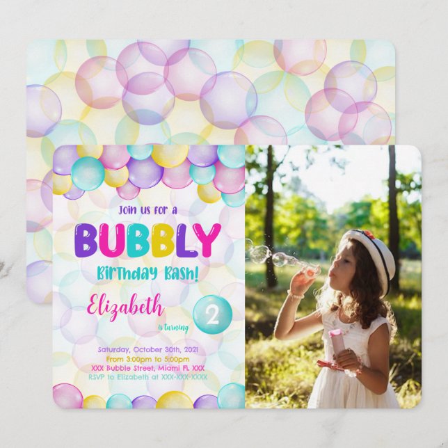 Bubbles Birthday Photo Invitation (Front/Back)