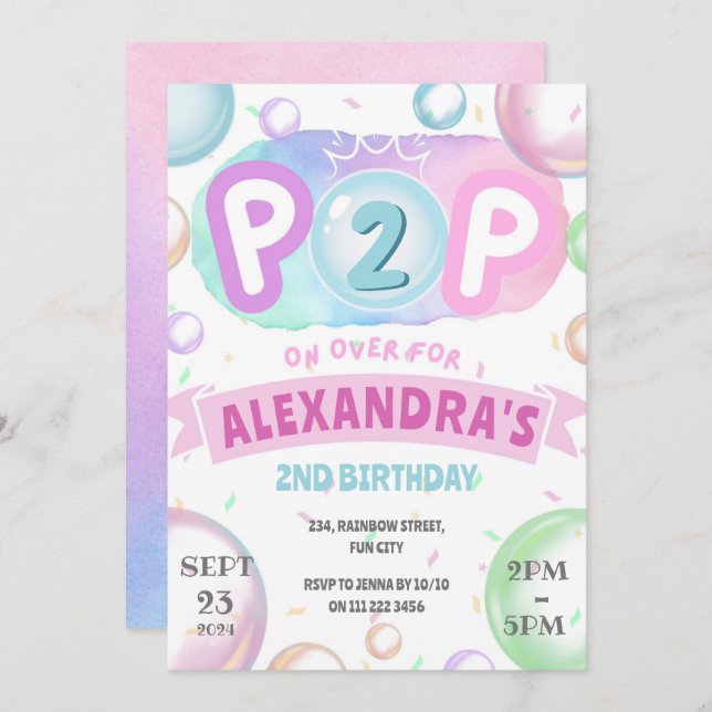 Bubbles Birthday Pop On Over Girl 1st 2nd 3rd 4th  Invitation (Front/Back)