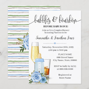 Bubbles & Bourbon before Baby Due Blue Baby Shower Invitation