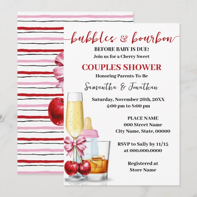 Bubbles & Bourbon Before Baby Due Cherry Shower Invitation (Front/Back)