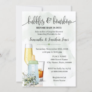 Bubbles & Bourbon Before Baby Due Greenery Shower Invitation