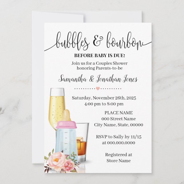Bubbles & Bourbon Before Baby Due Pink Baby Shower Invitation (Front)