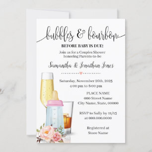 Bubbles & Bourbon Before Baby Due Pink Baby Shower Invitation