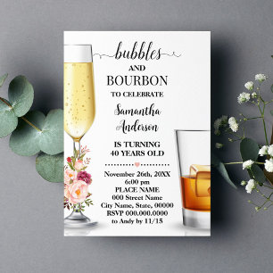 Bubbles & Bourbon Pink Flowers Adults Birthday Invitation