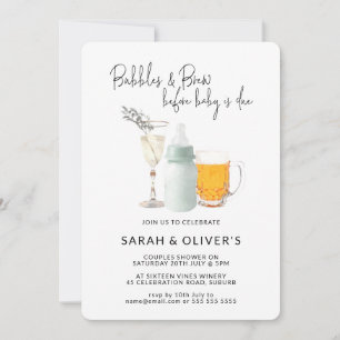 Bubbles & Brew Green Neutral Baby Shower Invitation